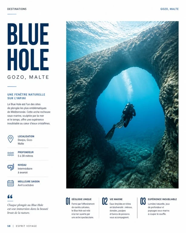 Plongeur explorant le site de plongée du Blue Hole à Gozo, Malte