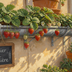 fraisier dans gouttière suspendue sur balcon