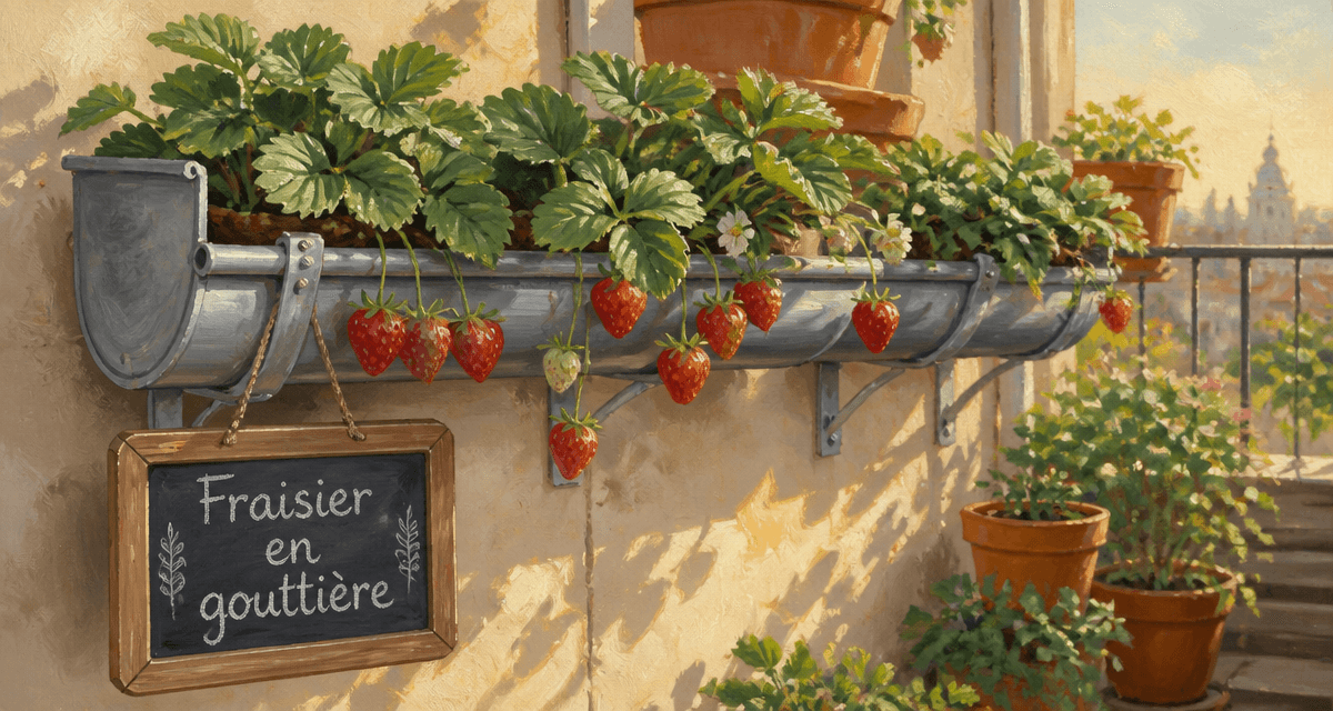 fraisier dans gouttière suspendue sur balcon
