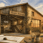 hangar aménagé en maison avec outils et lumière chaleureuse