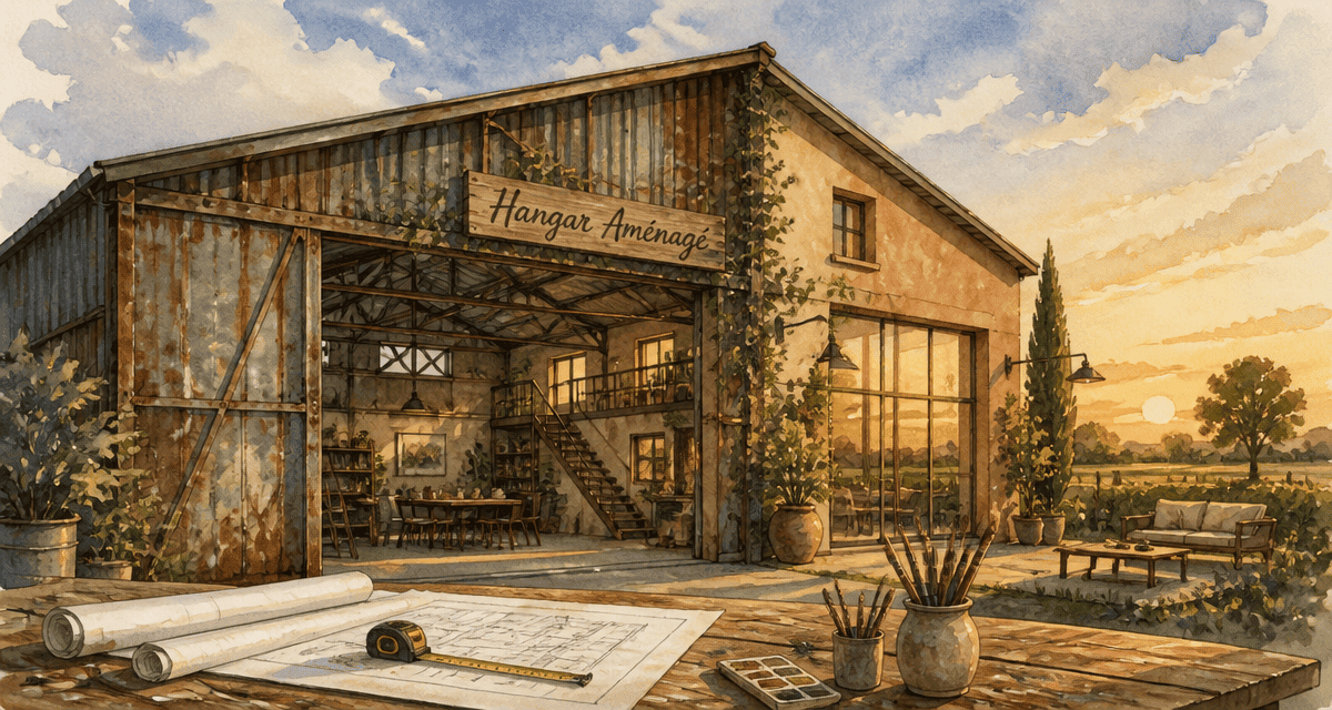 hangar aménagé en maison avec outils et lumière chaleureuse