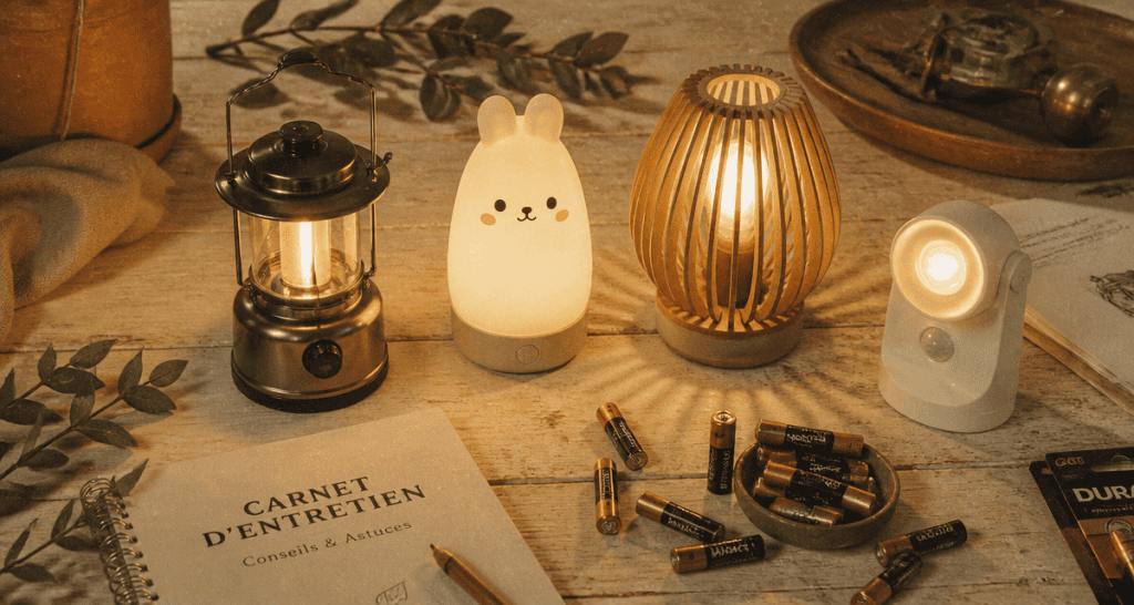 Lampe à pile de styles variés allumées sur table