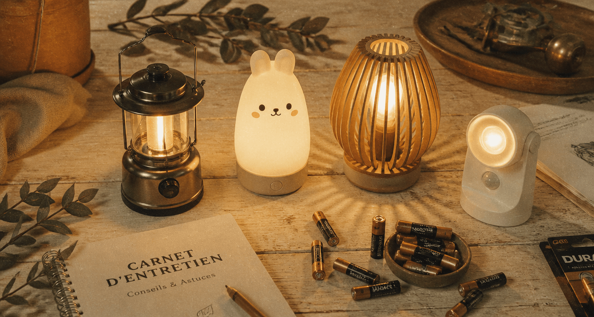Lampe à pile de styles variés allumées sur table