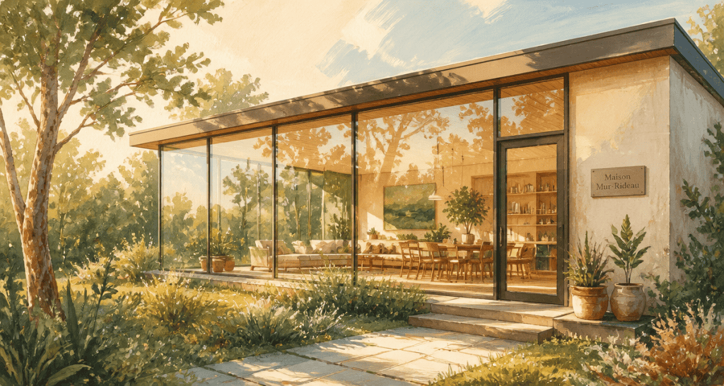 maison mur rideau façade vitrée en nature