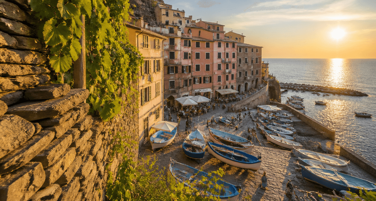 vue sur manarola italie port vignes coucher de soleil