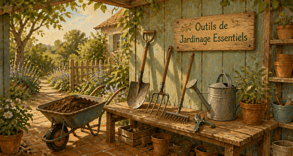 outils de jardinage liste avec photos sur banc devant abri