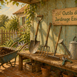 outils de jardinage liste avec photos sur banc devant abri