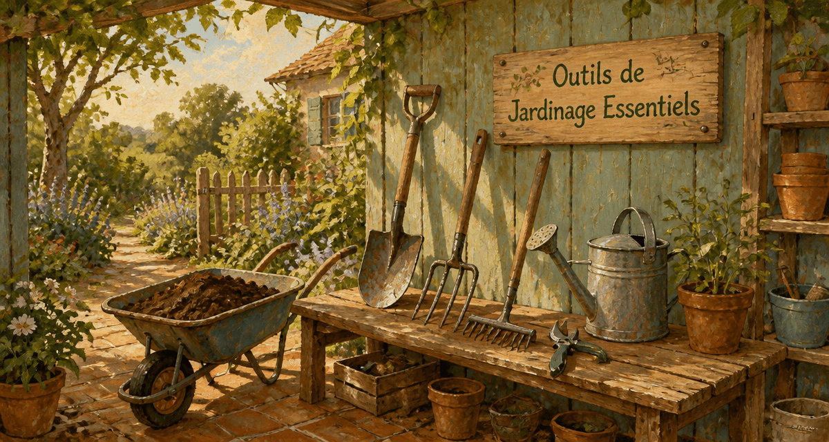 outils de jardinage liste avec photos sur banc devant abri