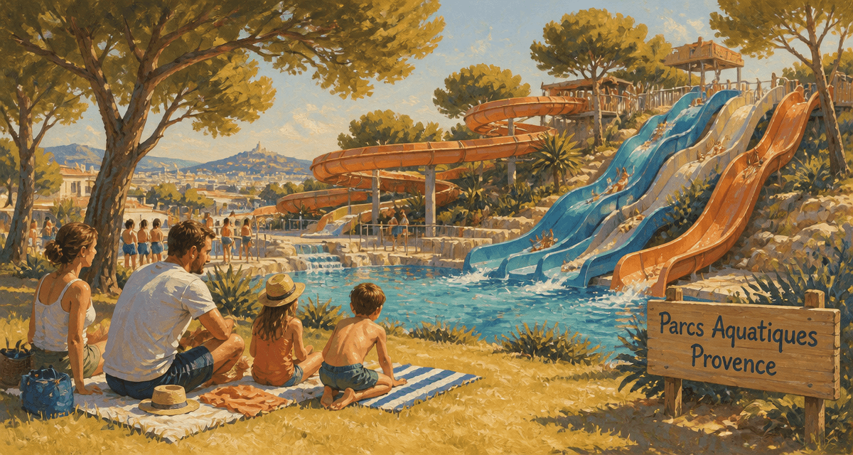Vue parc aquatique Marseille famille toboggans