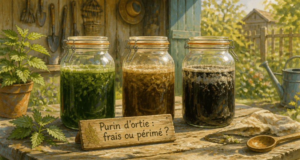 bocaux de purin d'ortie périmé sur table de jardin