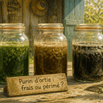 bocaux de purin d'ortie périmé sur table de jardin