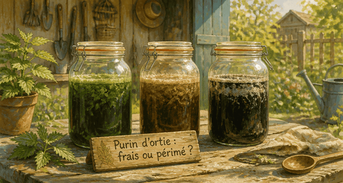 bocaux de purin d'ortie périmé sur table de jardin