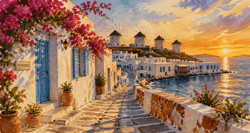 que faire a mykonos coucher de soleil vieux port