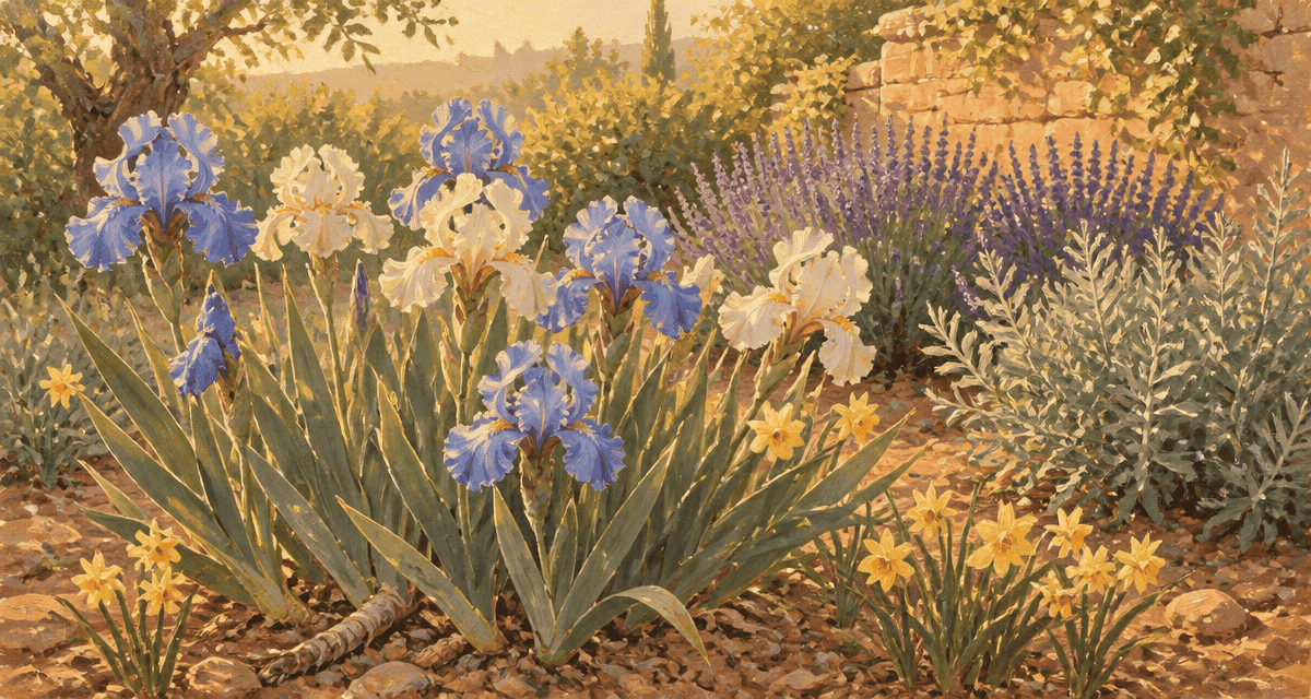 que mettre au pied des iris massif fleuri graviers et plantes compagnes
