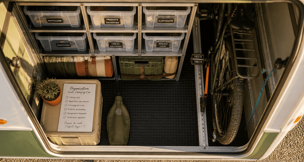rangement soute pour camping car avec étagères et bacs