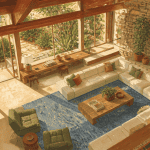 Salon maison californienne année 70 avec vue jardin
