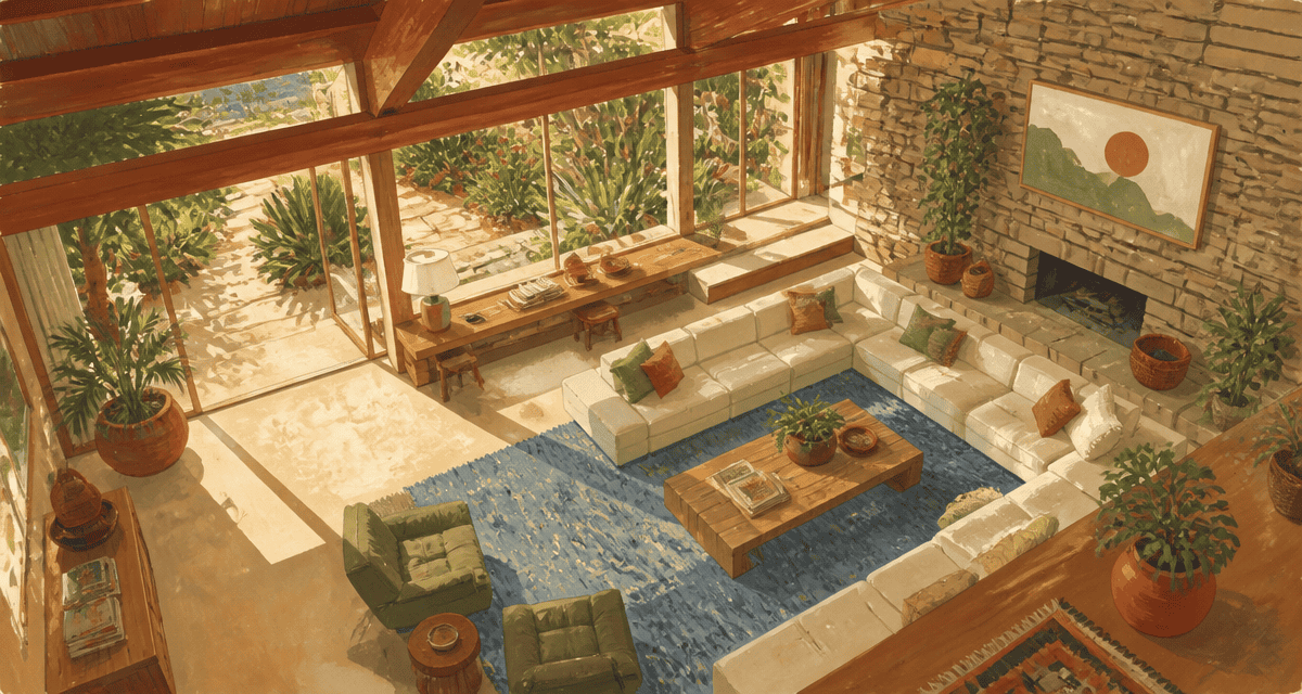 Salon maison californienne année 70 avec vue jardin