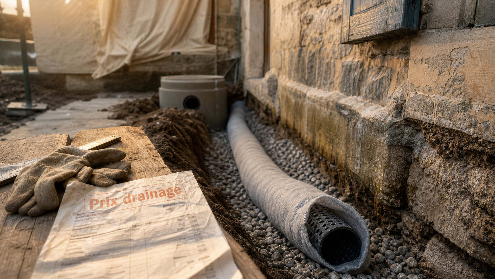 Drainage maison ancienne prix : tranchée de fondation avec tuyau perforé