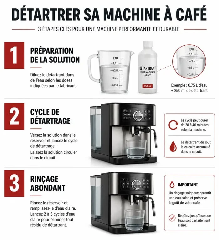 Infographie illustrant les étapes pour détartrer sa machine à café efficacement