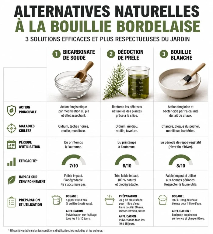 Infographie comparative des alternatives naturelles à la bouillie bordelaise pour le jardin