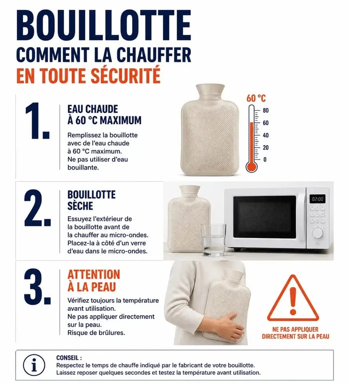 Infographie sur les règles de sécurité pour chauffer une bouillotte à eau et une bouillotte sèche