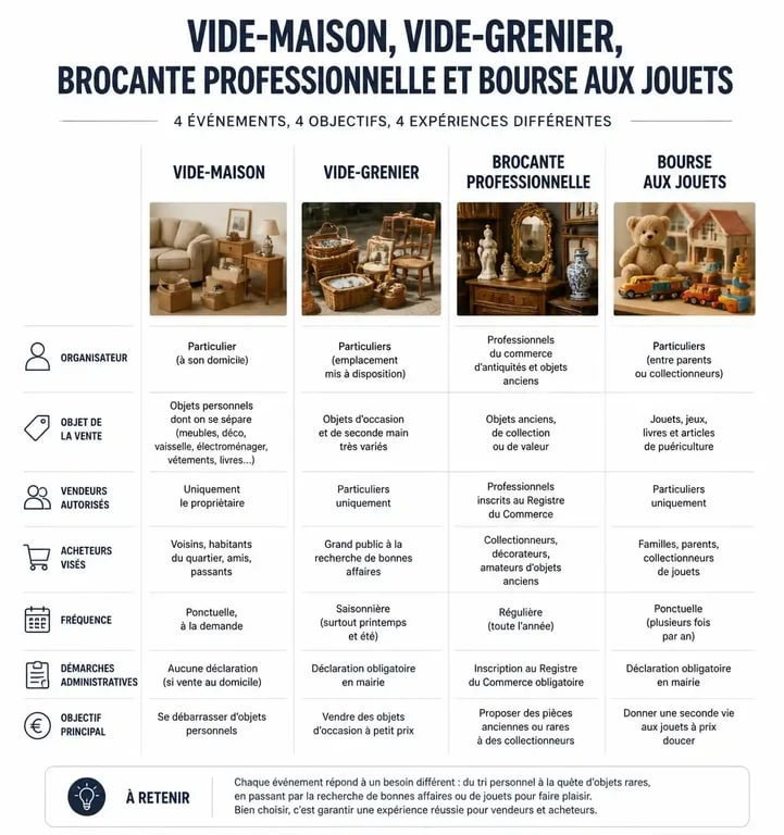 Tableau comparatif des événements de seconde main : vide-maison 21, vide-grenier et brocante.