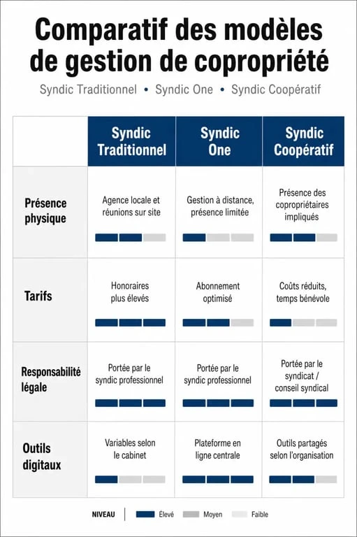 Comparatif des modèles de gestion de copropriété : Syndic One vs Syndic Traditionnel vs Syndic Coopératif pour choisir son syndic.