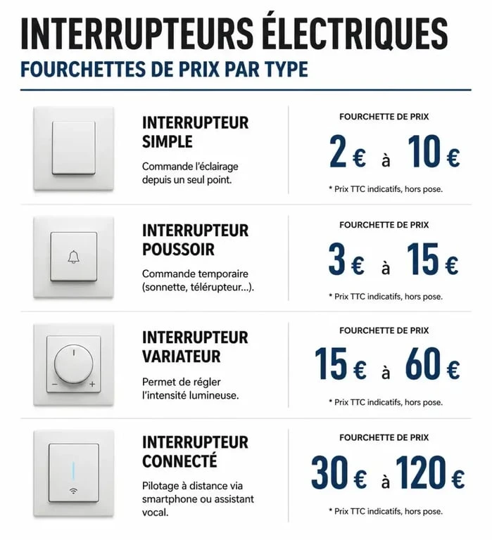 Infographie des prix des interrupteurs électriques par type : simple, poussoir, variateur et connecté