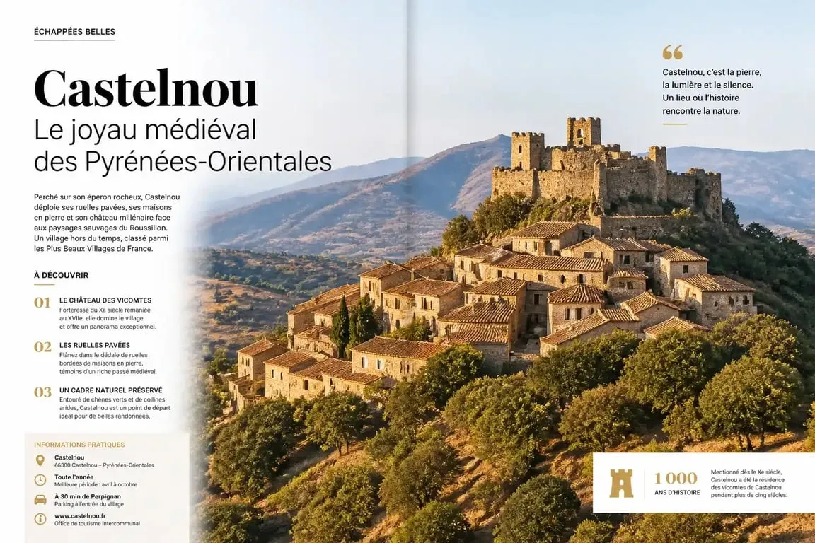 Vue panoramique du village médiéval de Castelnou, l'un des plus beaux villages autour de Canet-en-Roussillon