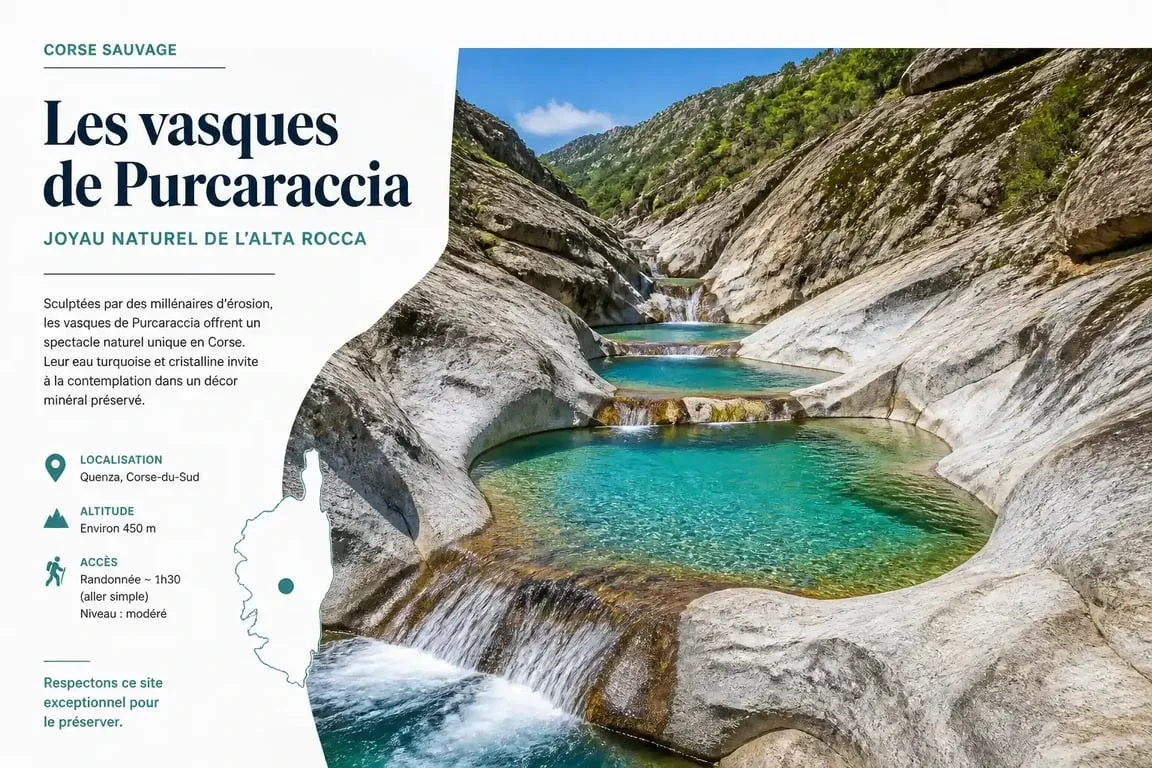 Cascade de Purcaraccia en Corse avec ses vasques d'eau turquoise et rochers de granit.