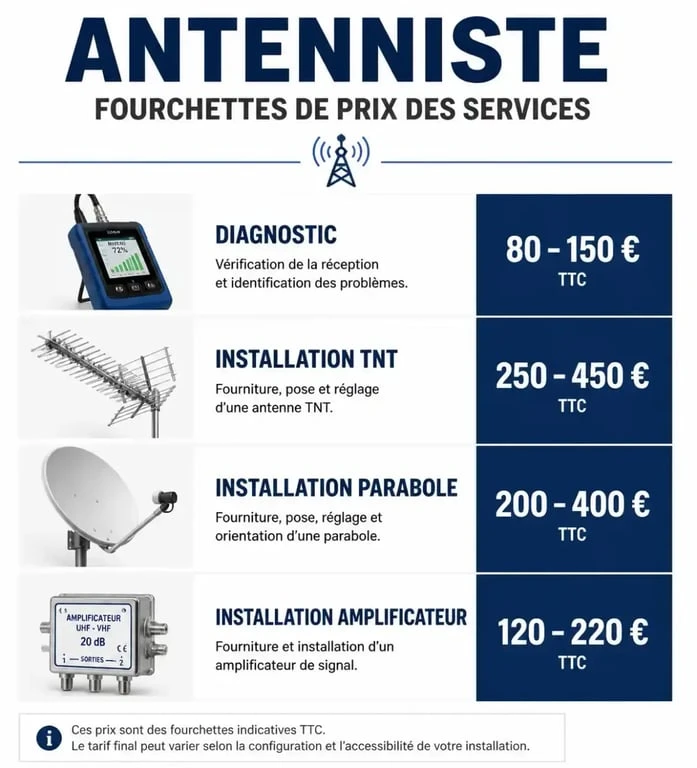 Infographie des tarifs moyens pour l'intervention d'un antenniste autour de moi