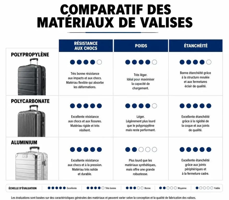 Infographie comparative des matériaux pour valise résistante : polypropylène, polycarbonate et aluminium