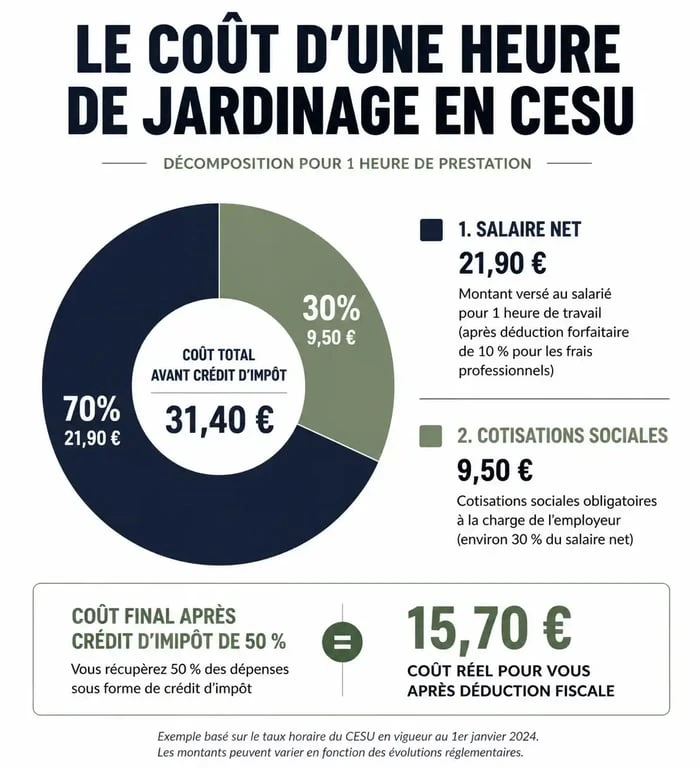 Infographie du coût horaire d'un jardinier CESU avec crédit d'impôt de 50% pour le tarif jardinier cesu