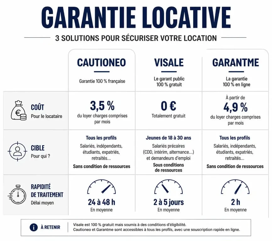 Comparatif des solutions de garantie locative : Cautioneo, Visale et Garantme pour sécuriser votre dossier de location.