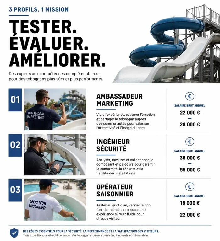 Infographie comparative des profils de testeur de toboggan : missions et salaires