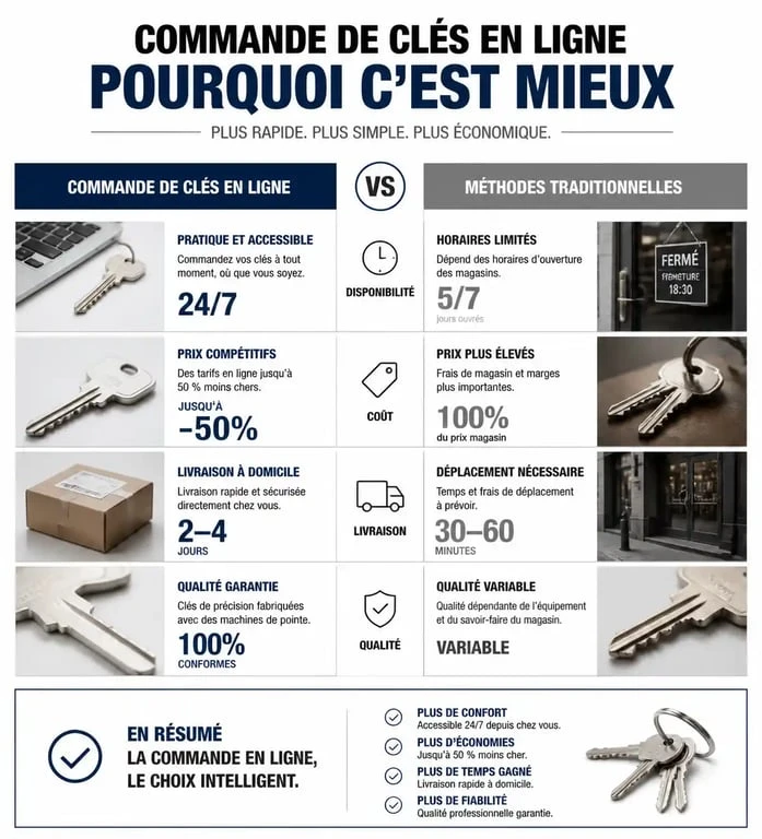 Tableau comparatif des avantages de Clef-en-ligne pour commander un double de clé en ligne