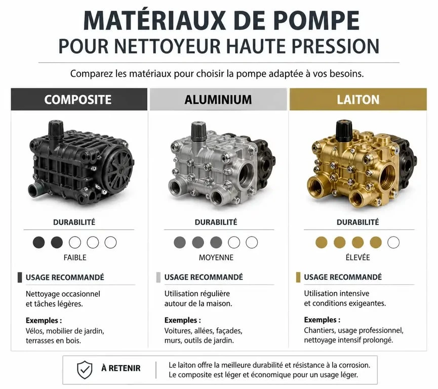 Infographie comparative des matériaux de pompe pour nettoyeur haute pression : composite, aluminium et laiton pour bien choisir son nettoyeur haute pression.