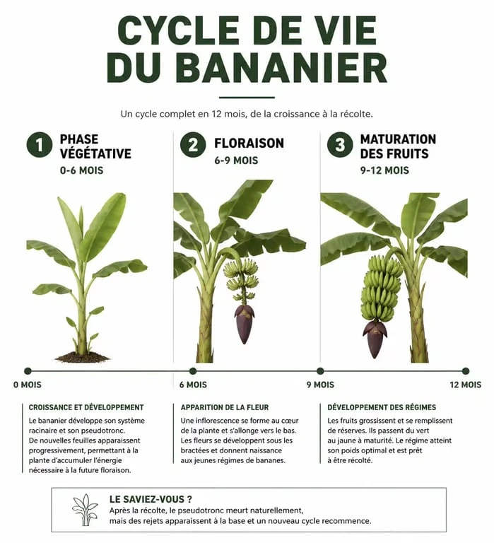Infographie illustrant le cycle de vie et le temps de pousse d'un bananier