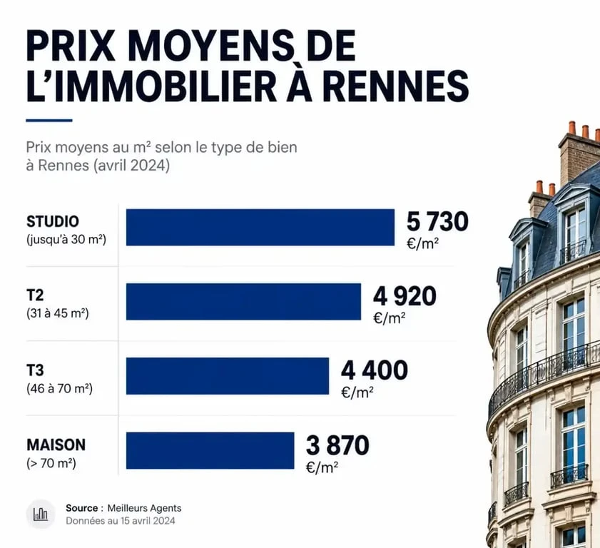 Infographie des prix moyens de l'immobilier à Rennes par type de bien sur Ouestfrance-immo
