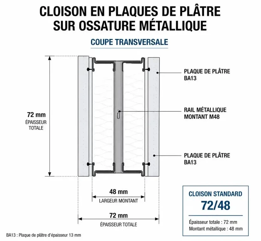 Schéma en coupe d'une cloison en placo 72/48 avec rail et plaques
