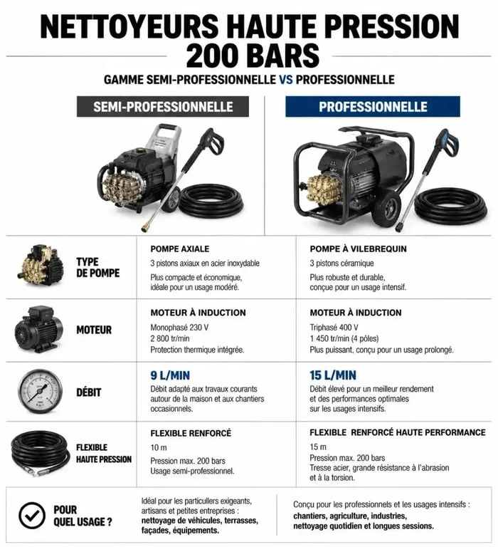 Comparatif technique des nettoyeurs haute pression 200 bars : gamme semi-pro vs professionnelle
