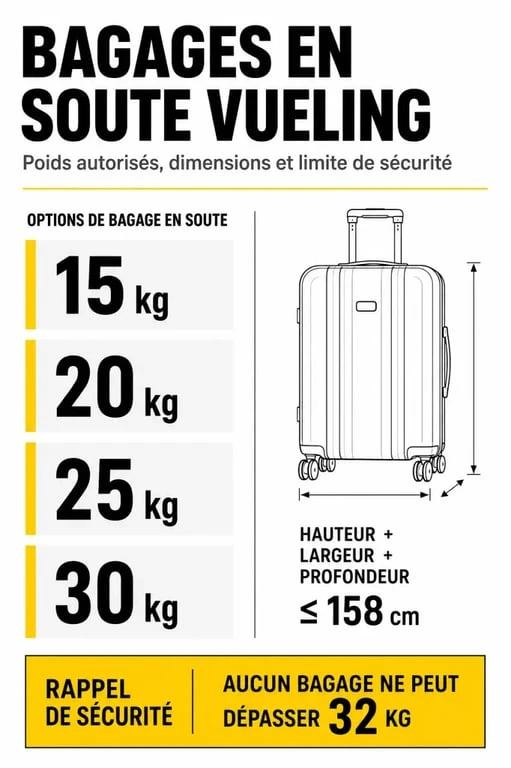 Infographie récapitulative des règles pour le bagage en soute Vueling : poids, dimensions et limites de sécurité.