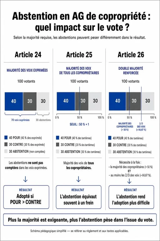 Infographie sur l'impact de l'abstention lors d'un vote en assemblée générale de copropriété