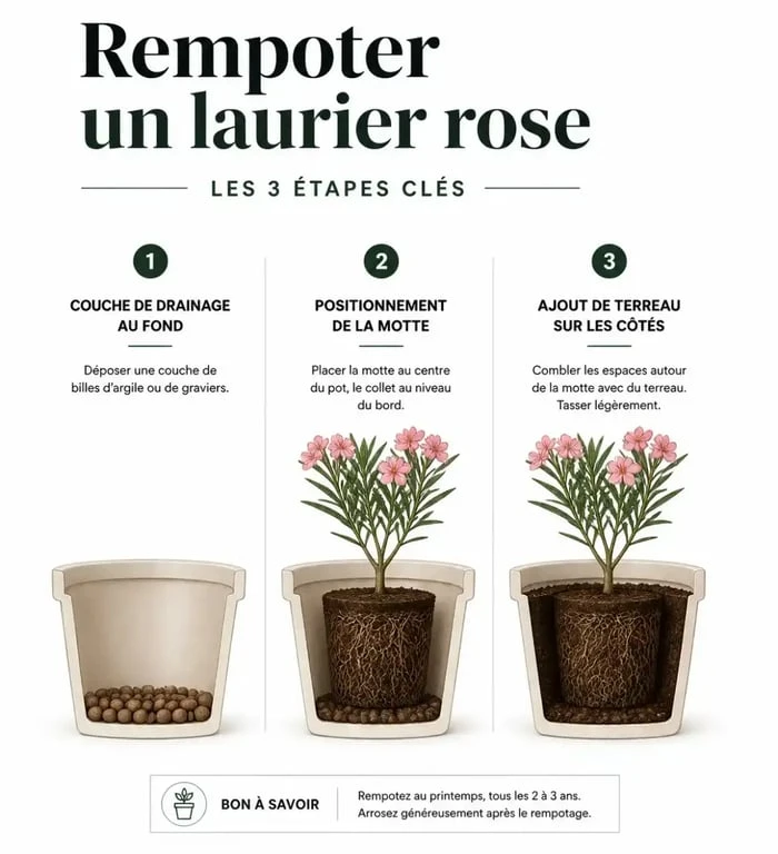 Étapes illustrées pour rempoter un laurier rose en pot avec succès