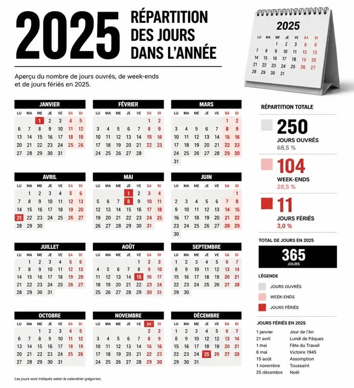 Infographie du calendrier 2025 : répartition des samedis, dimanches et jours ouvrés