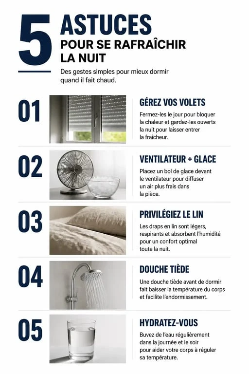 Infographie des conseils pour se rafraîchir la nuit et mieux dormir pendant la canicule