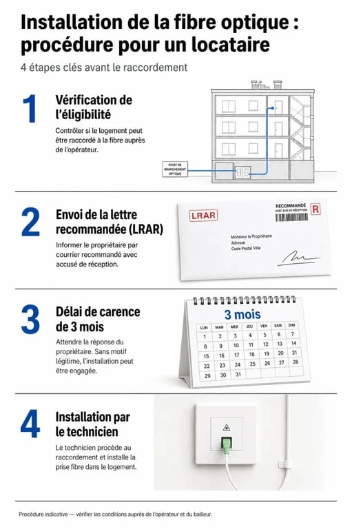 Infographie des étapes pour l'autorisation d'installation de la fibre optique par un locataire