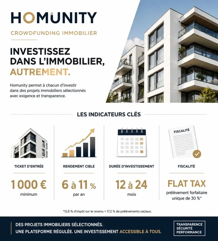 Indicateurs clés du crowdfunding immobilier sur Homunity : rendement, ticket d'entrée et durée