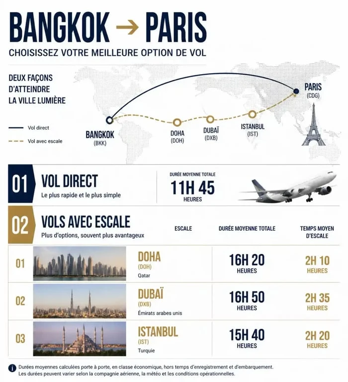 Infographie comparative des vols entre Bangkok et Paris : durée et escales pour votre voyage