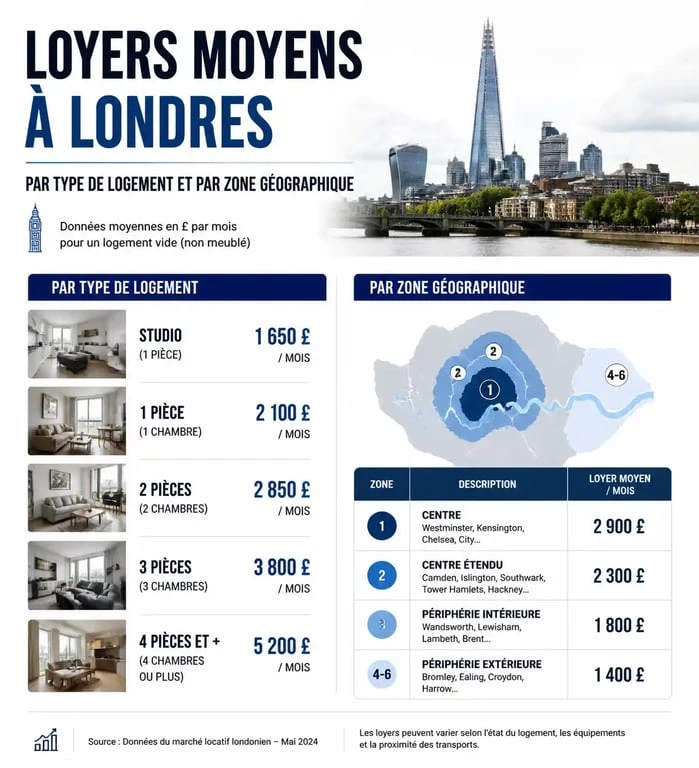 Infographie des prix des loyers à Londres par quartier et type de logement